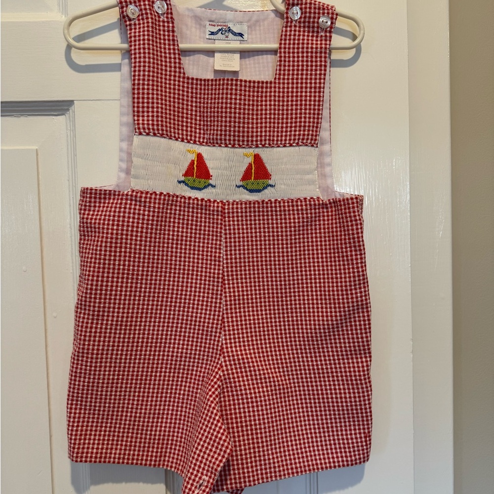 Hand smocked red Gingham John John with Sailboat Design
